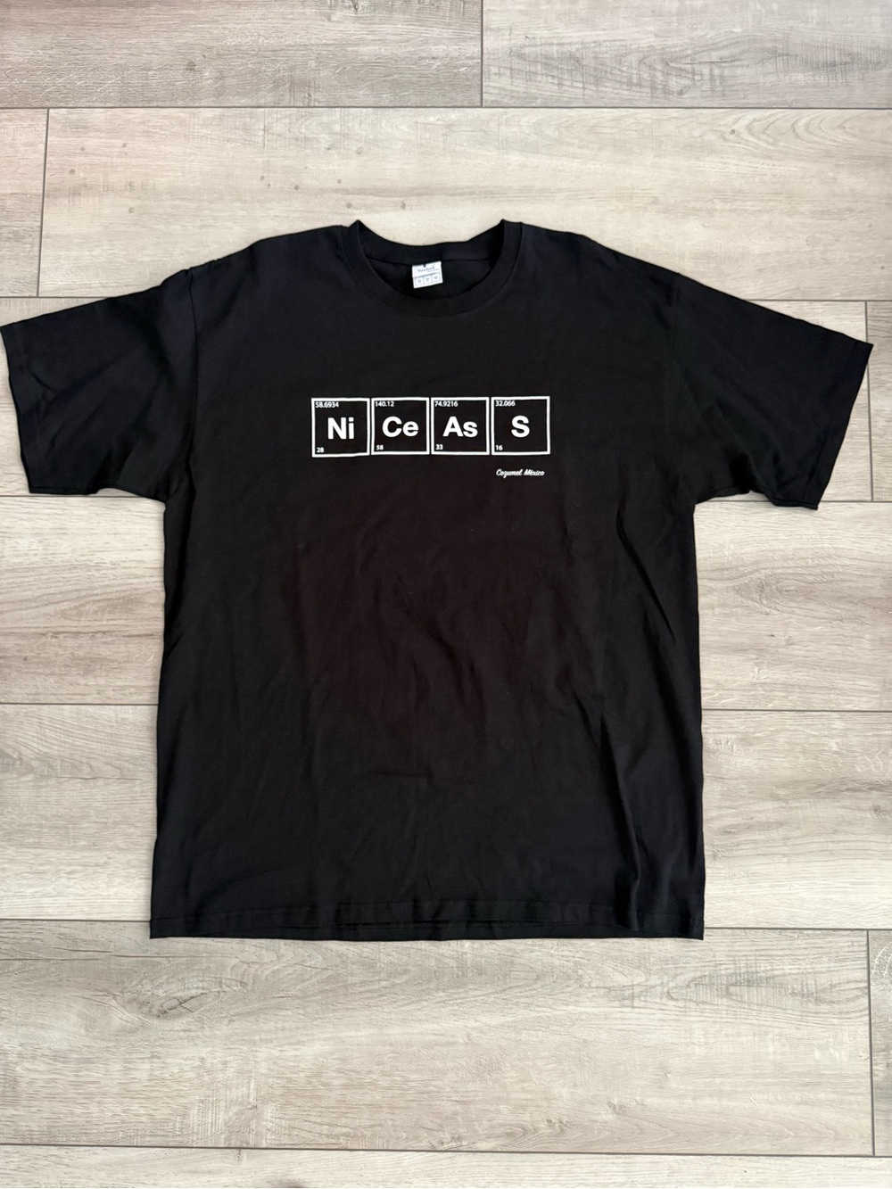 Organic Basics Black Tee with White 'NiCeAsS' Graphic